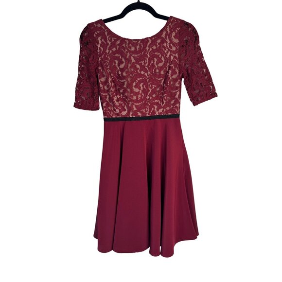 2/$30 Slate & Willow Size 4 Burgundy Lace Top Fit & Flare Mini Dress - Picture 6 of 16